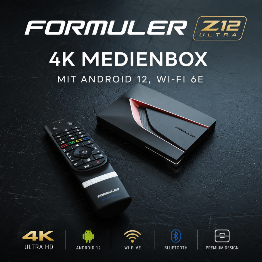 Formuler Z12 Ultra 4K Medienbox mit Android 12 und Wi-Fi 6E, inklusive Fernbedienung.
